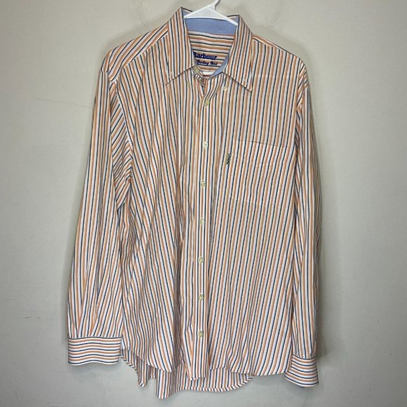 Barbour Men L Button Down Shirt Orange Vertical Stripe Long Sleeve Collared - Picture 1 of 10